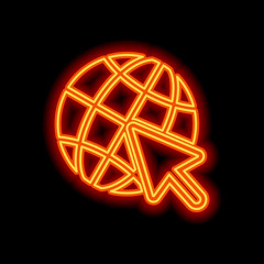 Poster - Globe and arrow icon. Orange neon style on black background. Lig