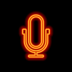 Poster - Simple microphone icon. Linear, thin outline. Orange neon style