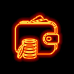 Poster - Wallet and coins, Purse with money. Orange neon style on black b