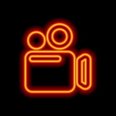 Poster - Simple video camera icon. Orange neon style on black background.