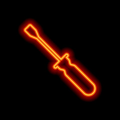 Poster - Simple silhouette of screwdriver. Orange neon style on black bac