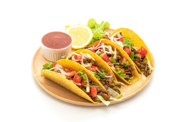tacos with meat and vegetables isolated on white background