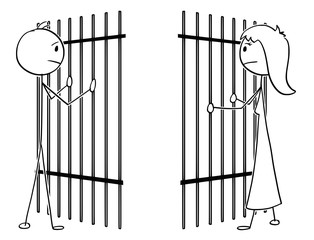 Canvas Print - Cartoon stick drawing conceptual illustration of couple of man and woman divide by prison iron bars. Concept of obstacles in love and relationship difficulties.