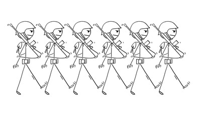 Wall Mural - Cartoon stick drawing conceptual illustration of modern soldiers marching on parade or in to war. Concept of militarism.