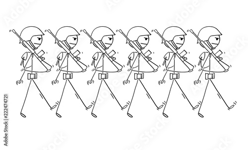 Cartoon stick drawing conceptual illustration of modern soldiers