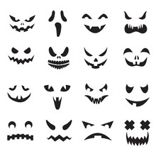 Pumpkin Faces. Halloween Jack O Lantern Face Silhouettes. Monster Ghost Carving Scary Eyes And Mouth Vector Icons Set. Illustration Of Halloween Face Silhouette, Scary Monster Pumpkin