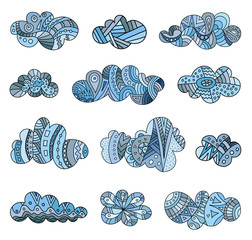 Wall Mural - banner with colored patterned clouds. set of vector doodle clouds. hand-drawn design elements.