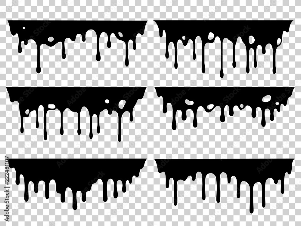 Dripping oil stain. Liquid ink, paint drip and drop of drippings stains. Black resin inked drops isolated vector silhouette set - obrazy, fototapety, plakaty 