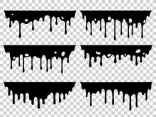 Dripping Oil Stain. Liquid Ink, Paint Drip And Drop Of Drippings Stains. Black Resin Inked Drops Isolated Vector Silhouette Set