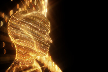 Wall Mural - 3D Artificial intelligence or robot with human face.Futuristic Artificial intelligence concept magic yellow neon light curved lines