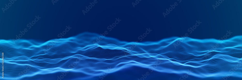 Abstract digital landscape or waves with flowing particles. Big data or technology background. Visualization of sound waves. Virtual reality concept: 3D digital surface. EPS 10 vector illustration. - obrazy, fototapety, plakaty 