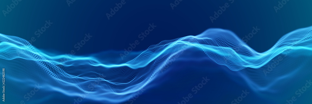 Abstract digital landscape or waves with flowing particles. Big data or ...