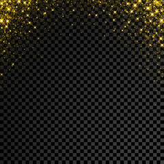 Leinwandbilder - Gold glitter confetti on transparent background. Vector star sparkle rain with glowing shine splatter explosion texture on black background