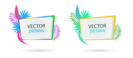 Vector banner with palm leaves. Design of tropical banner. Frame for text with palm leaves. Vector frame for banner.