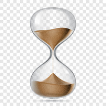Hourglass Or Sandglass Vector Realistic 3D Icon Isolated On Transparent Background. Vector Hour Glass Clock With Flowing Sand
