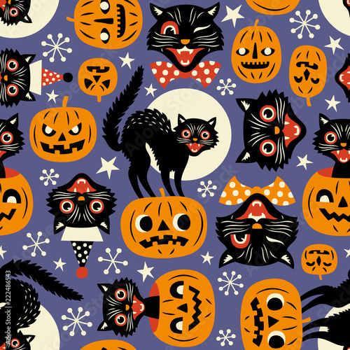 Fotomural Vintage spooky cats and halloween pumpkins seamless vector pattern on purple background