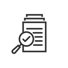 Scrutiny document plan icon in flat style. Review statement vector illustration on white isolated background. Document with magnifier loupe business concept.