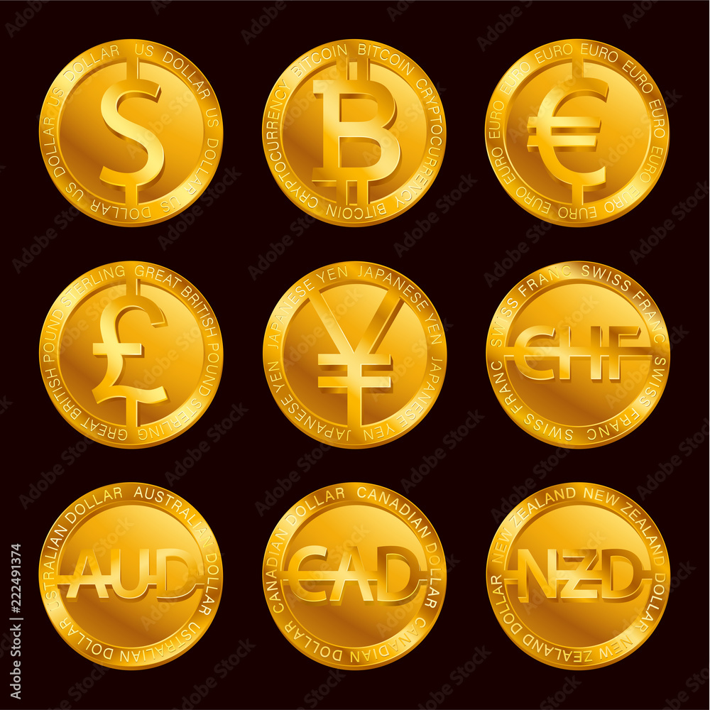 Stock-Vektorgrafik „World currencies signs: dollar icon, bitcoin coin, euro  sign, pend sterling symbol, Swiss frank etc. Isolated golden Coins icons  design, web currency banking concept vector illustration“ | Adobe Stock
