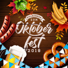 Wall Mural - Oktoberfest Banner Illustration with Typography Lettering and Fresh Beer on Vintage Wood Background. Vector Traditional German Beer Festival Design with Wheat, Pretzel, Sausage, Hop and Autumn Leaves