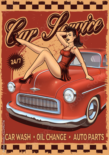 Cuadros en Lienzo Pin-up rerto poster with girl and classic car