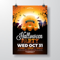 Halloween Party flyer vector illustration with scary faced pumpkin on mysterious moon background. Holiday design template with crow, spiders, cemetery and flying bats for party invitation, greeting