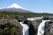 Petrohue waterfall with volcano Osorno close to Puerto Varas / Puerto Montt, Chile, Patagonia