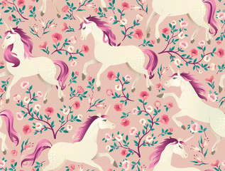 Wall Mural - Hand drawn vintage Unicorn in magic forest seamless pattern. Vector illustration in Victorian style.