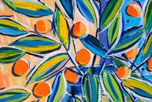 Details Of Acrylic Paintings Showing Colour, Textures And Techniques. Expressionistic Leaves And Orange Berries.