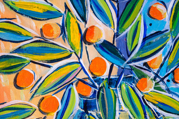 details of acrylic paintings showing colour, textures and techniques. expressionistic leaves and ora