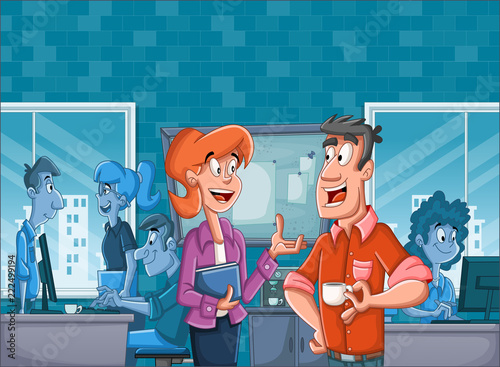 Business people in office workspace with desks.