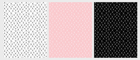 Hand Drawn Lace Mesh Vector Pattern Set. Infantile style Design. Delicate Drawing. White, Pink and Black Background. 