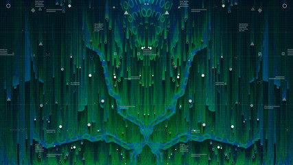 Poster - HUD interface. Head up display.  Mirrored pattern. Green, red background with digital integrated network technology. Printed circuit board. Technology background. Neon. 3D illustration. Computer infog