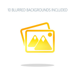 Poster - Stack of pictures with couple of mountains and sun. Simple icon.