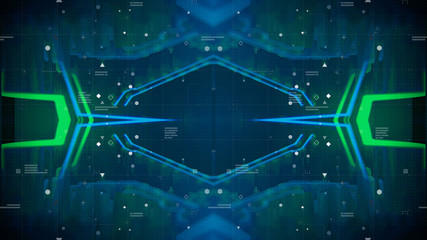 Poster - HUD interface. Head up display.  Mirrored pattern. Green, red background with digital integrated network technology. Printed circuit board. Technology background. Neon. 3D illustration. Computer infog