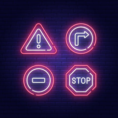 Wall Mural - Road Sign neon sign, bright signboard, light banner. Vector illustration