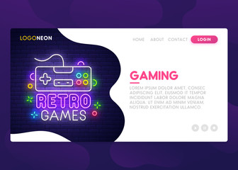 Wall Mural - Landing Page. Mock up website. Home Page. Web banner templates. Social media, business app, seo and marketing. Theme Retro Game. Gamer. Neon sign style. Vector illustration