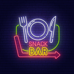 Wall Mural - Snack bar neon sign, bright signboard, light banner. Cafe and restaurant logo, emblem. Vector illustration