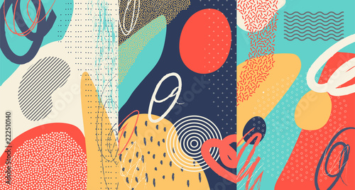 Creative doodle art header with different shapes and textures. Collage. Vector