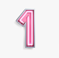 bright neon font with fluorescent pink tubes. number 1. night show alphabet. 3d rendering isolated o