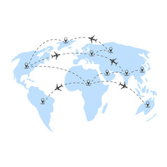 Wall Mural - Vector illustration of air travels around the world. Abstract depiction of continents and geolocation points between them. White background