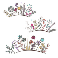 Vintage floral horizontal border. Doodle meadow flowers, grass, herbs.