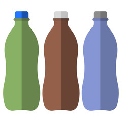 Wall Mural - three plastic bottles of different colors for different drinks. a flat vector image on a white backg