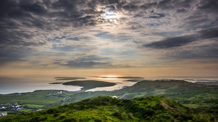 Colorful sunset on the Sky road. Sunset on western part of Ireland. Connemara.