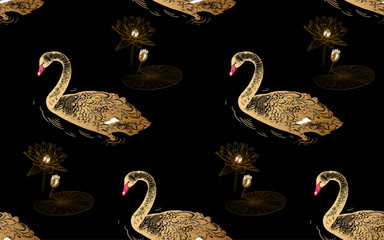 Wall Mural - Swans and water lily. Seamless pattern