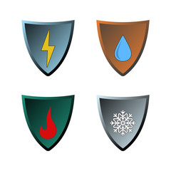 Wall Mural - Abstract illustration of shields with types of protection against external factors - water, electricity, fire and cold. Vector on white background .