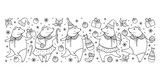 Fototapeta Dinusie - Vector horizontal border of outline black funny pig isolated on white background. Symbol of Chinese New Year 2019 in contour. Ornate pigs and winter decoration for holiday design or coloring book.
