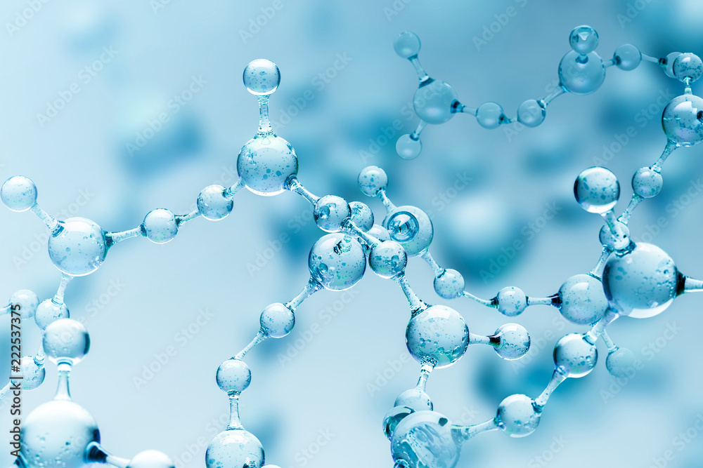Blue transparent molecule model over blue - obrazy, fototapety, plakaty 