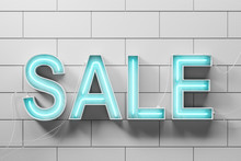 Neon Blue Sale Sign On White Brick Wall