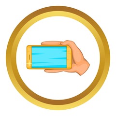 Poster - hand with mobile phone vector icon in golden circle, cartoon style isolated on white background