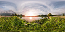 Full Seamless Spherical Panorama 360 By 180 Angle View On The Shore Of Lake In Evening Before Storm In Equirectangular Projection, Ready VR Virtual Reality Content